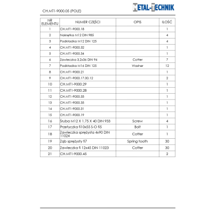 Katalog części zamiennych - Metal-Technik Chwastownik MT1 - 9000